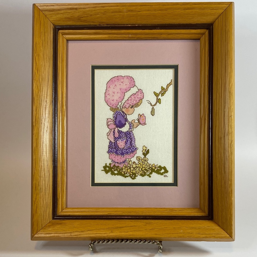 Framed Holly Hobbie Style Girl Art in Pink and Purple